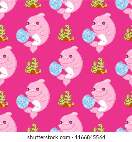 Abstract vector seamless pattern. Funny baby girl pink dolphin with seashells and seaweeds on colored background, punch pastel colors. Cartoon pattern for kid’s design, fabric, textile 