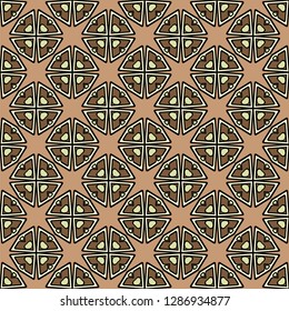 Abstract Vector Seamless Pattern With Abstract Geometric retro Style. Repeating Sample Figure And Line. For Modern Interiors Design, Wallpaper, Textile Industry. Brown, light olive color.