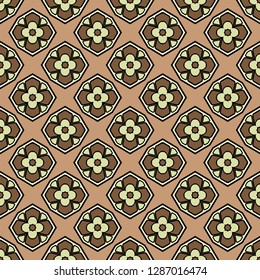 Abstract Vector Seamless Pattern With Abstract Geometric retro Style. Repeating Sample Figure And Line. For Modern Interiors Design, Wallpaper, Textile Industry. Brown, light olive color.