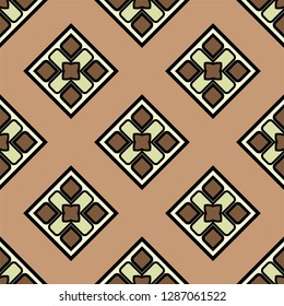 Abstract Vector Seamless Pattern With Abstract Geometric retro Style. Repeating Sample Figure And Line. For Modern Interiors Design, Wallpaper, Textile Industry. Brown, light olive color.