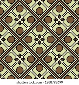 Abstract Vector Seamless Pattern With Abstract Geometric retro Style. Repeating Sample Figure And Line. For Modern Interiors Design, Wallpaper, Textile Industry. Brown, light olive color.