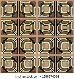 Abstract Vector Seamless Pattern With Abstract Geometric retro Style. Repeating Sample Figure And Line. For Modern Interiors Design, Wallpaper, Textile Industry. Brown, light olive color.