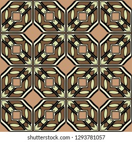 Abstract Vector Seamless Pattern With Abstract Geometric retro Style. Repeating Sample Figure And Line. For Modern Interiors Design, Wallpaper, Textile Industry. Brown, light olive color.