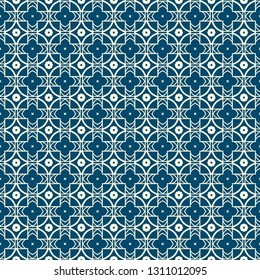 Abstract Vector Seamless Pattern With Abstract Geometric Style. Repeating Sample Figure And Line. For Fashion Interiors Design, Wallpaper, Textile Industry. Silver blue color.