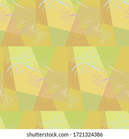 Abstract vector seamless pattern of geometric bright yellow and green shapes, polygons and fireworks.