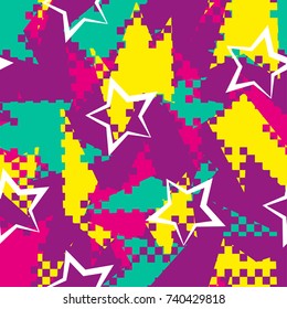 Abstract vector seamless pattern for girls, boys, clothes. Creative background with dots, geometric figures,stripes inscriptions.Funny wallpaper for textile and fabric. Fashion style. Colorful bright.