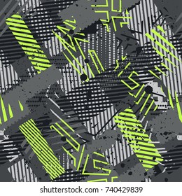 Patrón abstracto sin fisuras vectorial para niñas, niños, ropa. Fondo creativo con puntos, figuras geométricas, inscripciones de rayas.Papel mural divertido para textiles y tejidos. Estilo de moda. Brillante y colorido.