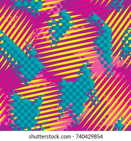 Abstract vector seamless pattern for girls, boys, clothes. Creative background with dots, geometric figures,stripes inscriptions.Funny wallpaper for textile and fabric. Fashion style. Colorful bright.