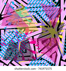 Abstract vector seamless pattern for girls, boys, clothes. Creative background with dots, geometric figures. Funny wallpaper for textile and fabric. Fashion style. Colorful bright.