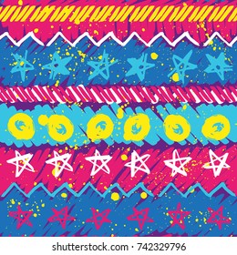 Abstract vector seamless pattern for girls, boys, clothes. Creative background with dots, geometric figures. Funny wallpaper for textile and fabric. Fashion style. Colorful bright.