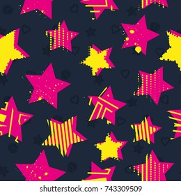 Abstract vector seamless pattern for girls, boys, clothes. Creative background with dots, geometric figures. Funny wallpaper for textile and fabric. Fashion style. Colorful bright.