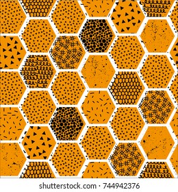 Abstract vector seamless pattern for girls, boys, clothes. Creative background with dots, geometric figures, hexagon. Funny wallpaper for textile and fabric. Fashion style. Colorful bright.