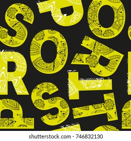 Abstract vector seamless pattern for girls, boys, clothes. Creative background with dots, geometric figures,stripes inscriptions Funny wallpaper for textile and fabric. Fashion style. Colorful bright.