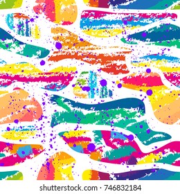Patrón abstracto sin fisuras vectorial para niñas, niños, ropa. Fondo creativo con puntos, figuras geométricas, inscripciones de rayas Gracioso papel tapiz para textiles y tejidos. Estilo de moda. Brillante y colorido.