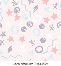 Abstract vector seamless pattern for girls, boys, clothes. Creative background with dots, geometric figures,stripes inscriptions Funny wallpaper for textile and fabric. Fashion style. Colorful bright.