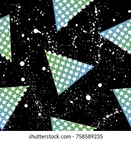 Abstract vector seamless pattern for girls, boys, clothes. Creative background with dots, geometric figures,stripes inscriptions. Funny wallpaper for textile and fabric. Fashion style. Colorful bright