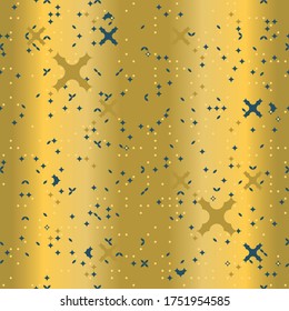 Abstract vector seamless pattern. Gold and blue geometric stars on shiny gold background. Great for wallpapers, interior decoration, upholstery and wrapping paper.