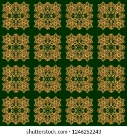 Abstract vector seamless pattern with golden ornaments on a green backdrop. Vintage design with gold ornaments.