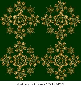 Abstract vector seamless pattern with golden ornaments on a green backdrop. Vintage design with gold ornaments.
