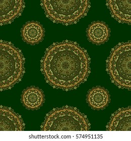 Abstract vector seamless pattern with golden ornaments on a green backdrop. Vintage design with gold ornaments.
