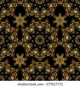 Abstract vector seamless pattern with golden ornaments on a black backdrop. Vintage design with gold ornaments.