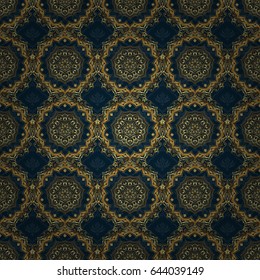 Abstract vector seamless pattern with golden ornaments on a blue backdrop. Vintage design with gold ornaments.