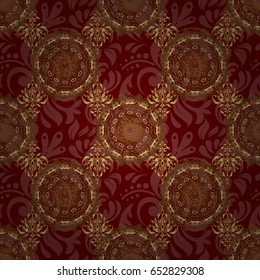 Abstract vector seamless pattern with golden ornaments on a red backdrop. Vintage design with gold ornaments.