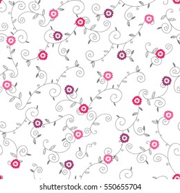 Abstract vector seamless pattern of gray twisted tendrils with leaves and pink flowers. Background for textile, book covers, manufacturing, fabric, cloth design, wallpapers, print.