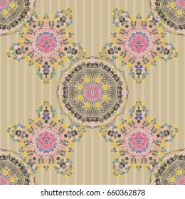 Abstract vector seamless pattern with gray and pink ornaments. Vintage design with motley ornaments.