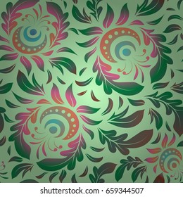 Abstract vector seamless pattern with green, brown and blue ornaments. Vintage design with motley ornaments.