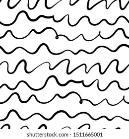Abstract vector seamless pattern of hand drawn brush pen scribble. Ornament of black ink doodles lettering imitation. Endless hand painted ornament of unreadable elements for wrapping, print, textile.