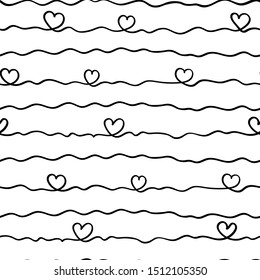 Abstract vector seamless pattern of hand drawn scribble and hearts. Ornament of black ink doodles hearts. Endless hand painted ornament for Valentines day, love background, wrapping, print, textile. 