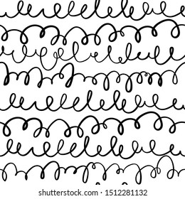 Abstract vector seamless pattern with hand drawing scribbles. Ornament of black ink doodles lettering swirl imitation. Endless hand painted ornament of unreadable elements for wrapping, print, textile