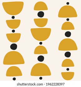  Abstract vector seamless pattern with hand drawn geometric mustard semicircles and black dots on pastel background.  Bright background design in boho style