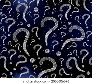 Abstract vector seamless pattern with hand drawn question marks on the background of stars in space 