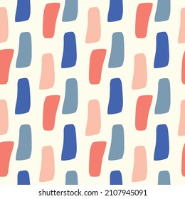 Abstract vector seamless pattern with hand drawn irregular rectangle shapes. Colourful fun repeat background with elements in childlike paint style. Faux stamp geometric vertical in pink, blue white.