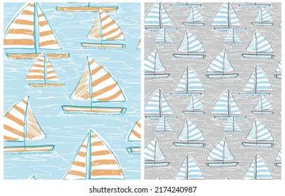 Abstract Vector Seamless Pattern with Hand Sketched Sailboats. Boats with Striped Sails on a Light Blue and Gray Backgrounds. Sea Theme ideal for Fabrics, Textiles, Marine Party.