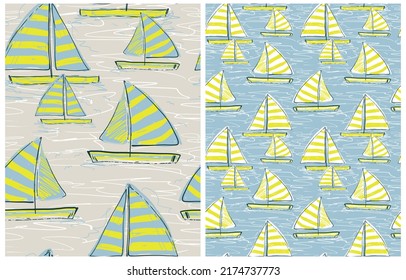 Abstract Vector Seamless Pattern with Hand Sketched Sailboats. Boats with Striped Sails on a Light Beige and Pale Blue Backgrounds. Sea Theme ideal for Fabrics, Textiles, Marine Party.