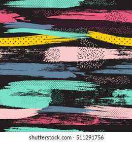 Abstract Vector seamless pattern with hand drawn  textured brush strokes and stripes hand painted.pattern in retro 80s style. Pop art . Modern grunge background . Wallpaper for boys and girls