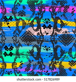 Abstract Vector seamless pattern with hand drawn  textured brush strokes and Snake skin texture . Pattern in retro 80s style. Pop art . Ethnic modern grunge background . Wallpaper for boys and girls