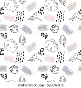 Abstract vector seamless pattern with hand drawn paint brush strokes, tropical palm leaves and ink shapes . Soft pastel colors - pink, beige and gray on white background.