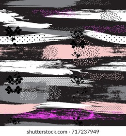 Abstract Vector seamless pattern with hand drawn  textured brush strokes and stripes hand painted.pattern in black, white, grey, pink colors. Modern grunge background . Wallpaper for boys and girls