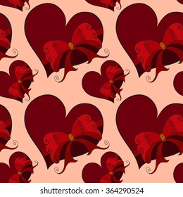 Abstract vector seamless pattern. Hand-drawn multicolored cute hearts tied with red ribbon bows. Pastel background. For backdrop, fabric, wallpaper, wrapping, wedding, valentine day design. Eps 8.