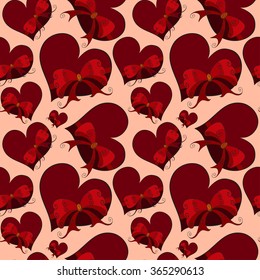 Abstract vector seamless pattern. Hand-drawn multicolored cute hearts tied with red ribbon bows. Pastel background. For backdrop, fabric, wallpaper, wrapping, wedding, valentine day design. Eps 8.