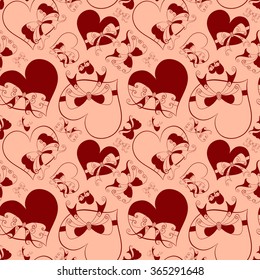 Abstract vector seamless pattern. Hand-drawn pastel and red silhouette cute hearts tied with ribbon bows. For backdrop, background, fabric, wallpaper, wrapping, wedding, valentine day design. Eps 8.