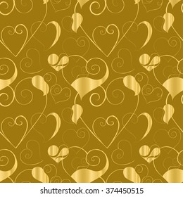 Abstract vector seamless pattern. Hand-drawn zen tangle floral cute silhouette hearts. Golden objects on gold background. For backdrop, fabric, wallpaper, wrapping, wedding, valentine day design.