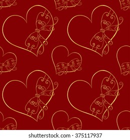 Abstract vector seamless pattern. Hand-drawn zen tangle floral cute contour hearts. Golden objects on red background. For backdrop, fabric, wallpaper, wrapping, wedding, valentine day design. Eps 8.