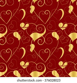 Abstract vector seamless pattern. Hand-drawn zen tangle floral cute silhouette hearts. Golden objects on red background. For backdrop, fabric, wallpaper, wrapping, wedding, valentine day design.