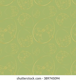 Abstract vector seamless pattern. Hand-drawn golden Easter eggs tied with ribbon bows. Green background. For backdrop, fabric, wallpaper, wrapping, Easter design. Eps 8.