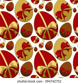 Abstract vector seamless pattern. Hand-drawn multicolored Easter eggs tied with ribbon bows. For backdrop, background, fabric, wallpaper, wrapping, Easter design. Eps 8.